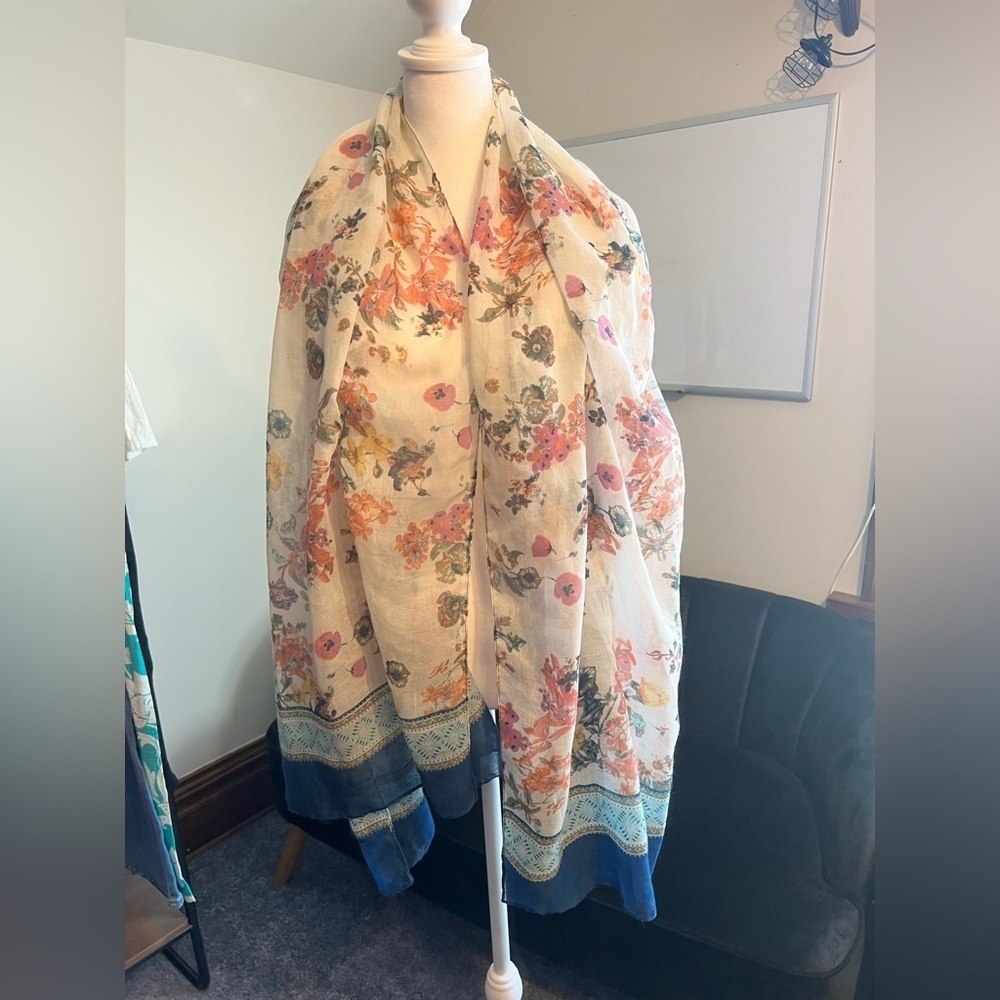 Floral Scarf/Shawl with Blue Border